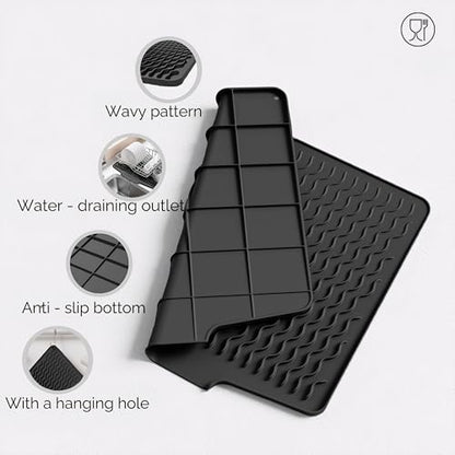 Dish Drying Mat with Drain, Silicone Mat for Kitchen Counter, Non-Slip Drainer Mat for Kitchen Sink, Countertop Dish Drying Rack, Heat Resistant Kitchen Accesories(Black, 15.6"x13") - color: Black