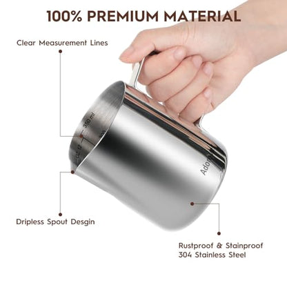 Milk Frothing Pitcher, 8.5oz/12oz/20oz/32oz/50oz/66oz Milk Frother Cup Stainless Steel, Espresso Accessories, Milk Steaming Pitchers Coffee Cappuccino Latte Art Barista Milk Jug Cup with Art Pen,12oz - color: A Silver, size: 12 Ounces