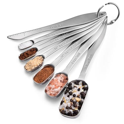 18/8 Stainless Steel Measuring Spoons: Doosu Heavy Duty Rectangular Spoon Square Teaspoon Tablespoon Scoop with Slim Long Handle in Narrow Spice Jar for Kitchen Baking Cooking (Set of 7 with Leveler) - size: Set of 7 with Leveler