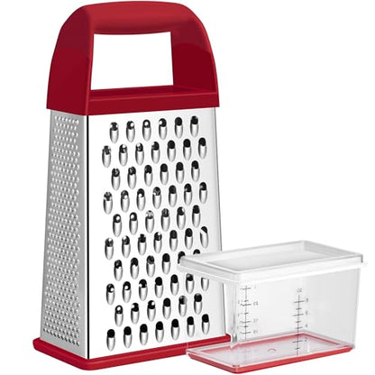 Urbanstrive Cheese Grater With Container, Professional Cheese Grater with Handle, Stainless Steel Graters for Kitchen Handheld, Box Grater with 4 Sides for Vegetables, Ginger, Potatoes (Red) - color: Red