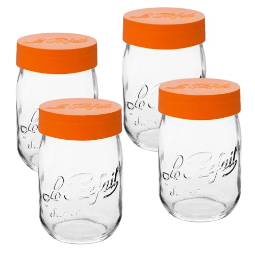 Le Parfait Eco-Friendly Zero Waste Wide Mouth Glass Jar with Airtight Screw Top Lid – Reusable French Storage Jar for Food, Soup, Flour, Sugar, Canning & Baking (1L/32oz, 4 Pack, Orange) - color: 1L-Orange (Set/4)
