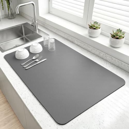 LOPNUR Kitchen Dish Drying Mat, 24"x16" Large Dish Drying Mats for Kitchen Counter, Diatomite Coffee Mat, Super Absorbent Dish Drying Pad, Heat Resistant Mat with Anti-slip Rubber Backed, Grey - color: Gray, size: 24" x 16"
