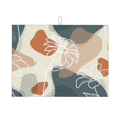 Boho Tropical Flowers Dish Drying Mat 18x24 Modern Art Kitchen Drying Mat for Counter Navy Blue Orange Abstract Geometric Absorbent Dish Pad Microfiber Dish Drainer Rack Mat - color: Boho Flowers Abstract Geometic