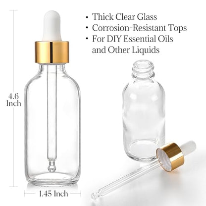 AOZITA Set of 4, 2 oz Golden Cap Clear Dropper Bottles (60ml) with 1 Funnel & 4 Labels - Glass Tincture Bottles for Essential Oils with Eye Droppers - Leak Proof Travel Bottles for Liquids - color: Clear
