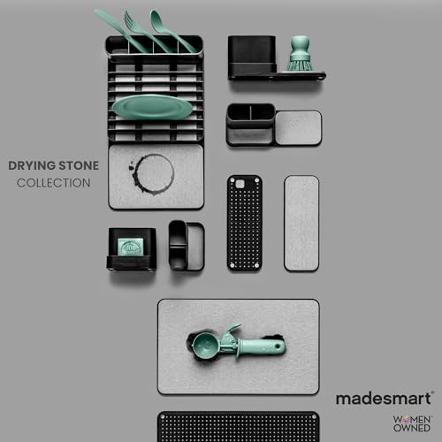 madesmart Drying Stone Dish Mat, Ultra-Fast Drying Mat for Dishes & Glassware, Diatomaceous Earth, Absorbs Water Instantly, Non Slip Base, Gray