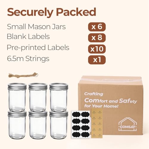 ComSaf 8 oz Mason Jars, 6 Pack Small Regular Mouth Glass Jars with Lids | BPA-Free Materials, Half-Pint Portions, Small Jam, Jelly, Honey Sample, Spice Rack, Meal Prep, DIY Candles, Labels and Twine - size: 8oz*6 regular mouth