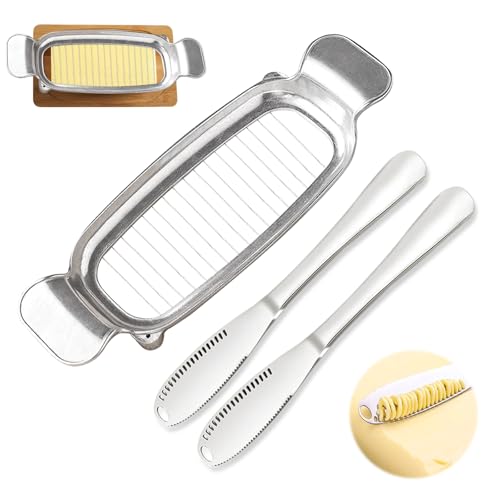 Stainless Steel Butter Slicer Cutter with 2 Butter Knives – Hand Held Ergonomic Butter Cutter for Stick Butter & Soft Cheese, 3 in 1 Easy Butter Spreader Knife for Cold Butter Slicing & Spreading - color: Silver Gray ( with 2 Butter Knives)