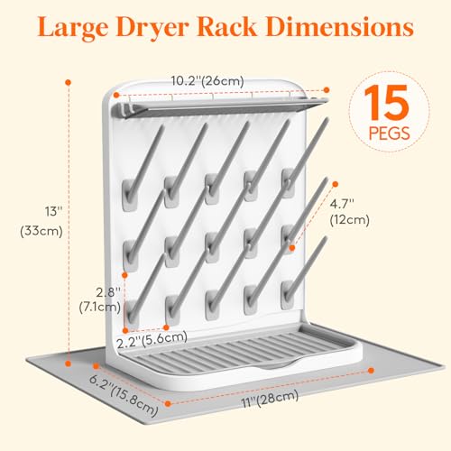 Lifewit Large Baby Bottle Drying Rack with Drain Mat & 15 Hooks, Newborn Essentials Must Haves, Bottle Storage Organizer for Countertop, Cabinet, Rack Dryer Holder for Pacifiers, Pump Parts - size: Large-15 Hooks, style: with Drain Mat