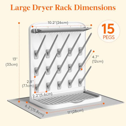 Lifewit Large Baby Bottle Drying Rack with Drain Mat & 15 Hooks, Newborn Essentials Must Haves, Bottle Storage Organizer for Countertop, Cabinet, Rack Dryer Holder for Pacifiers, Pump Parts - size: Large-15 Hooks, style: with Drain Mat