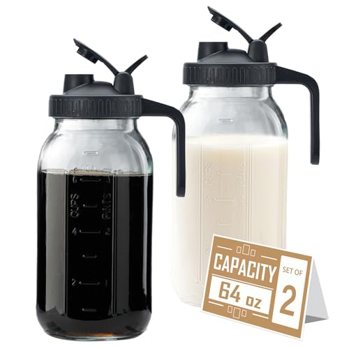 64oz Glass Pitcher with Lid - 2 Quart Mason Jar Pitcher with Spout, Leak-proof Milk Container for Refrigerator, Easy to Clean Wide Mouth Water Jug, Juice, Tea, Iced Coffee, Beverage and Drinks - color: Black, size: 2 Quart