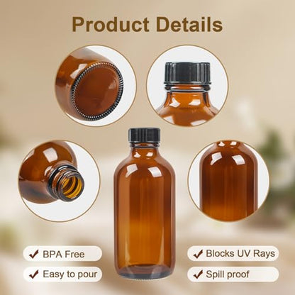 8 Pack 4 oz Amber Glass Bottles with Black Caps, Boston Round Bottles for Homemade Vanilla Extract, Essential Oils, Syrup, Juice, Leakproof Empty Containers for Holiday Gifts & Liquids