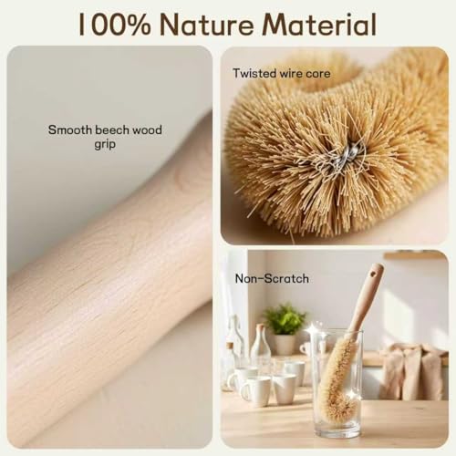 Wooden Bottle Brush - L-Shape Long Handle Cup Scrubber for Water Bottles, Decanters & Glassware - Beech Wood Kitchen Cleaning Tool (Multipack) (4) - size: 4 Pack - L-Shape Brushes