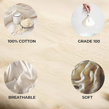 Dark White Premium Reusable Cheesecloth 100% Organic Cotton for Straining, Cooking, Nut Milk, Durable, Chemical-Free, Multi-Purpose Fabric for Crafts, and Household Needs (12 Pieces - Grade 100) - size: 12 Pieces - Grade 100