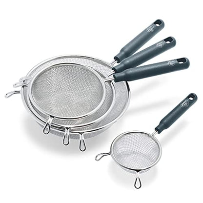 GreenLife Cooking Tools and Utensils, 4 Piece Extra Fine Stainless Steel Mesh Strainer Kitchen Set, Stay Cool Handles, Dishwasher Safe, BPA-Free, Grey - color: Gray, size: 4 Piece Stainless Steel Mesh Strainer Set
