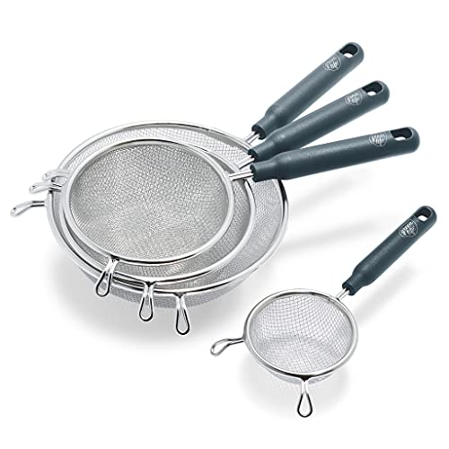 GreenLife Cooking Tools and Utensils, 4 Piece Extra Fine Stainless Steel Mesh Strainer Kitchen Set, Stay Cool Handles, Dishwasher Safe, BPA-Free, Grey - color: Gray, size: 4 Piece Stainless Steel Mesh Strainer Set