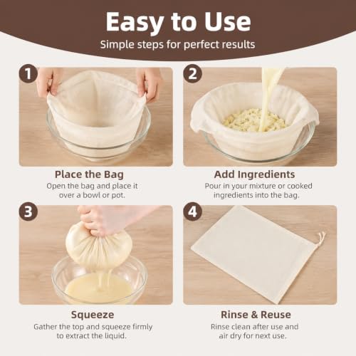 5Pcs Cotton Strainer Bags, Reusable Unbleached Cheesecloth Bags for Nut Milk, Juicing, Cooking & Food Straining (7.87x11.8in)