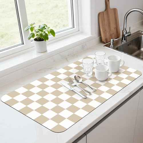 17" x 32" Checkered Dish Drying Mat for Kitchen Counter, Absorbent Coffee Bar Mat for Espresso Machine Coffee Countertops Accessories, Beige - color: Beige, size: 17" x 32"