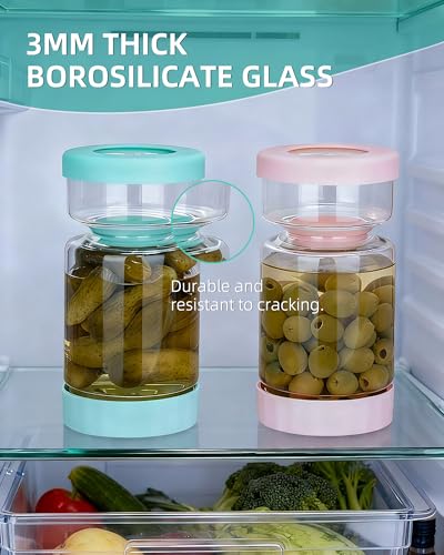 ZENS Pickle Jar with Strainer Flip, 37 oz Hourglass Pickle Juice Separator Container, Airtight Leakproof Lid, Dual Wet-Dry Design, Time Tracker Lid – 2 Pack Olive & Kimchi Jars - color: 01-Pink&Blue, size: 37oz 2pcs