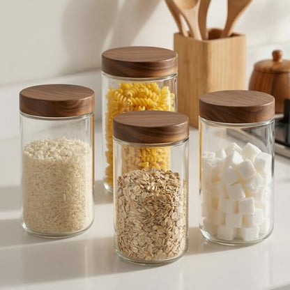 Bumobum 24 oz Glass Jars with Acacia Lids, Glass Food Storage Containers with Airtight Lids, Wide Mouth Mason Salad Jars for Coffee, Sugar, Loose Tea, Spice, Nut, Candy, Cereal, Snacks (4 Pack) - color: 24oz