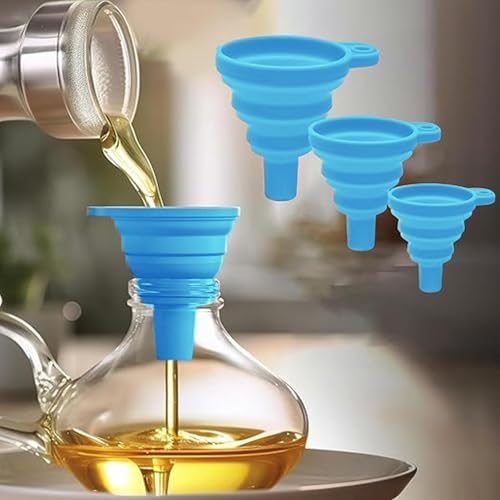 3 Pack Collapsible Silicone Funnels Kitchen Use Foldable Food Grade Liquid Transfer Tools Oil Water Spice Jar Bottle Filling, 12 g, 15 g, 38 g - color: Blue, size: 3Pack