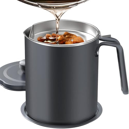 Chihee Grease Container Stainless Steel 2L / 67.6 fl oz Fine Mesh Strainer | Easy to Clean Large Spout Bacon Grease Saver Cooking Oil Keeper Stoarge Can with Dust-proof Lid Non-slip Tray Kitchen Frying - color: Gray(2L)