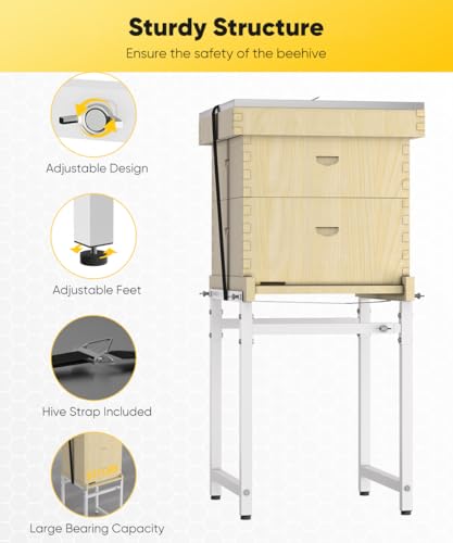 Mondazie Adjustable Metal Bee Hive Stand with 120-Inches Strap for 8 & 10 Frame Beehives Box, 12 to 19 Inches Width Beehive Frame Holder, Heavy Duty Flow Hives Stands Base for Beekeeping, White - color: White - Standard