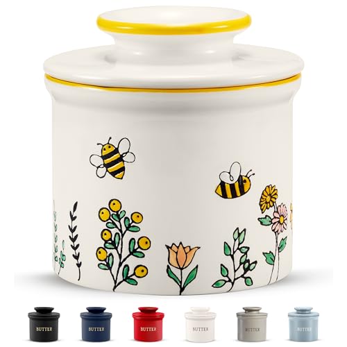 Kook Butter Keeper Dish, French Ceramic Crock with Lid, Embossed Container, For Soft Butter, (Meadow) - color: Meadow