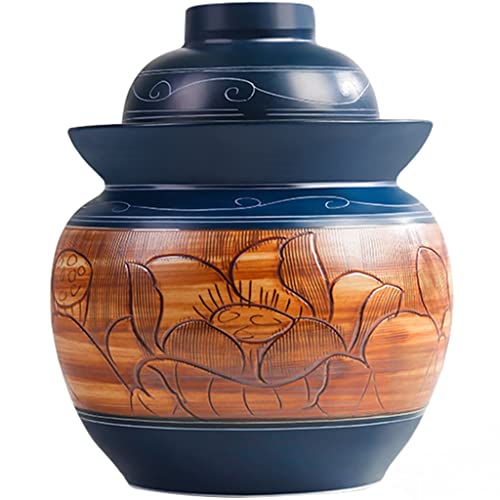 Kimchi Jar Porcelain Classical Art Relief Lotus Pattern Pickle Jar, Vintage Jingdezhen Water Seal Fermentation Crock With Cover, Handmade Artwork, Holiday Gift (Color : Blue, Size : 10kg) - size: 10kg
