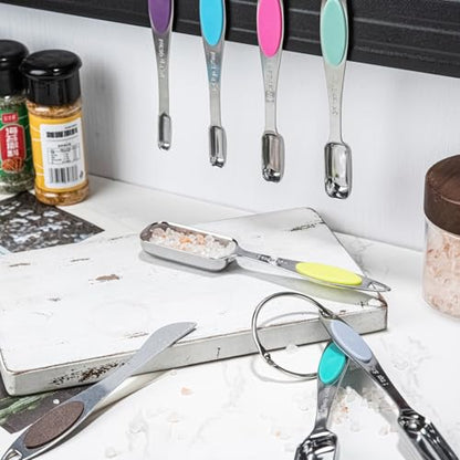 Magnetic Measuring Cups and Spoons Set, 7 Stainless Steel Measuring Cups and 7 Rectangular Metal Teaspoon with 1 Leveler for Cooking & Baking (Colorful) - color: Colorful