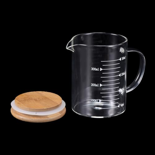 PATIKIL 350ml Glass Measuring Cup, 2 Pack 3.3 Borosilicate Glass Graduated White Printed Scale Liquid Measure Cups Beaker with Wood Lid and V-Shaped Spout for Kitchen - size: 350ml