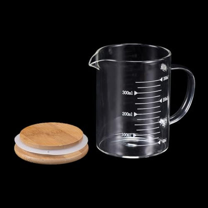 PATIKIL 350ml Glass Measuring Cup, 2 Pack 3.3 Borosilicate Glass Graduated White Printed Scale Liquid Measure Cups Beaker with Wood Lid and V-Shaped Spout for Kitchen - size: 350ml