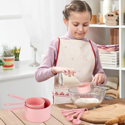 Measuring Cups and Spoons Set of 9, Stainless Steel Measuring cup for Cooking and Baking, Measuring spoons for Dry and Liquid Ingredients (Pink) - color: Pink