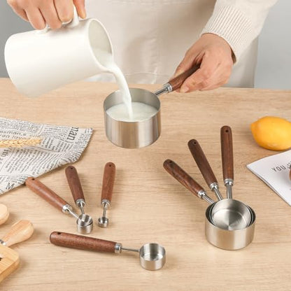 Measuring Cups and Spoons Set 8, 18/8 Stainless Steel Measuring Cups and Spoons Set for Baking and Kitchen, Metric & US Metal Measure Cup & Spoon with Wood Handle for Dry & Liquid - color: Siliver
