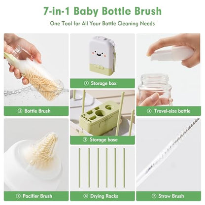 Baby Bottle Brush Set - Baby Bottle Cleaner Kit with Nipple Brush, Silicone Bottle Brush, Straw Cleaner Brush, Soap Dispenser, Bottle Drying Rack - 7 in 1 Bottle Cleaning Tool Set for Home and Travel - size: Large