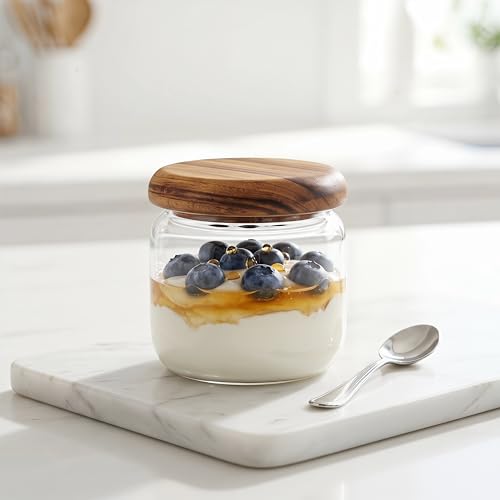 4-Pack 10 fl oz Wide Mouth Mason Jars with Spoon & Labels, Acacia Wood Lids, Press Seal, No Plastic, for Food, Snacks, Candy, Fruits, Coffee Beans, Spices & Dry Storage, Pantry Organizer.