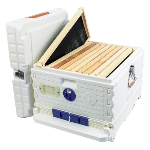 Apimaye Ergo Insulated Bee Hive Set with Wood Frames with Premier Double Wax Foundations (Double) (White Body Blue Entrance, Double)