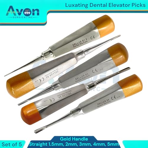 1.5, 2mm, 3mm, 4mm, 5mm, Straight Tipped Hollow Handle Root Extraction Elevators | Stainless Steel German | 5 Piece Bundle - Gold