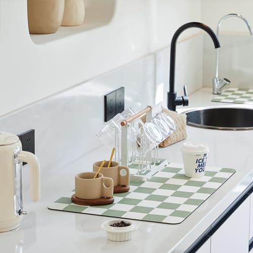 Ohocut Checkered Dish Drying Mat for Kitchen Counter, Coffee Bar Station Accessories, Retro Cute Aesthetic Modern Absorbent Drainer Mat Kitchen Drying Mat Easy Clean, Sage 12" x 19" - color: Sage, size: 19" x 12"