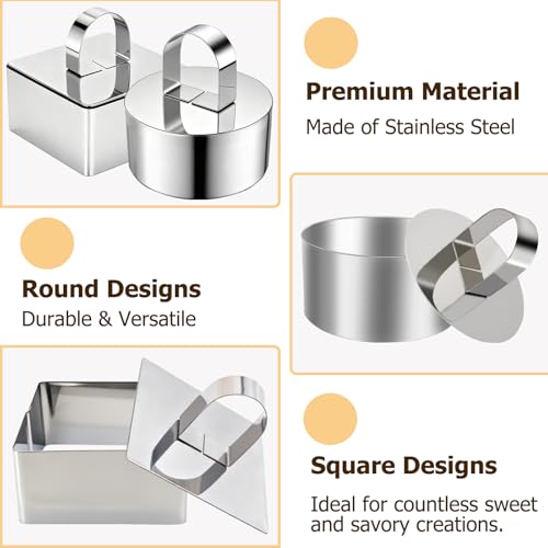 4 Pack Food Molds Set, 3.15-Inch Cake Ring Mold, Stainless Steel Cooking Rings for Food Decor (2 Round Rings+2 Square Rings) - size: 3.15In-2 Round+2 Square