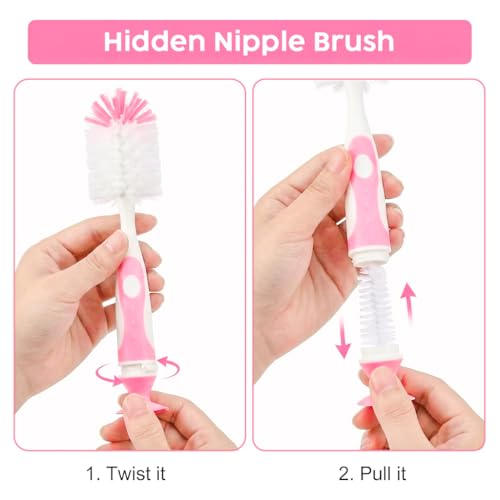 Ariseno 5-in-1 Baby Bottle Brush Set, Including Nylon and Silicone Bottle Brush, Cap, Straw, Nipple Brushes, BPA-Free (Pink) - color: Pink-nylon Silicone