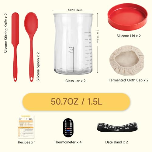 Coco Bird Pro Sourdough Starter Kit- 50oz Large Capacity Sourdough Starter Jar, 17 Flavorful Fermentation Recipes, Sourdough Bread Baking Supplies for Making Delicious Sourdough Breads(Red, 2Set) - color: Red