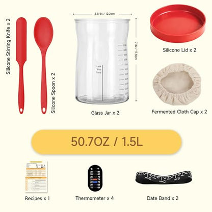 Coco Bird Pro Sourdough Starter Kit- 50oz Large Capacity Sourdough Starter Jar, 17 Flavorful Fermentation Recipes, Sourdough Bread Baking Supplies for Making Delicious Sourdough Breads(Red, 2Set) - color: Red