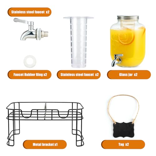 1 Gallon Glass Drink Dispensers for Parties, 2PACK Beverage Dispenser with Stand, Ice Cylinder and Stainless Steel Spigot 100% Leakproof, Beverage Dispenser for Lemonade Sun Tea - size: 1 Gallon Double with Stand