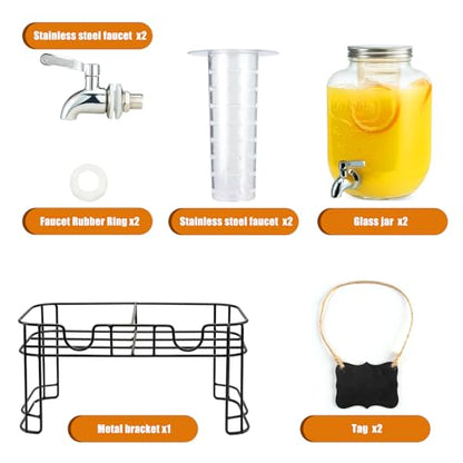 1 Gallon Glass Drink Dispensers for Parties, 2PACK Beverage Dispenser with Stand, Ice Cylinder and Stainless Steel Spigot 100% Leakproof, Beverage Dispenser for Lemonade Sun Tea - size: 1 Gallon Double with Stand