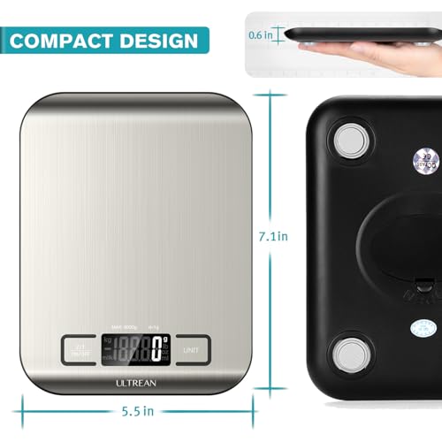 Ultrean Food Scale, Digital Kitchen Scale with LCD Display, Weight Grams and Ounces for Baking Cooking and Meal Prep, 6 Units with Tare Function, 304 Stainless Steel, 11lb (Batteries Included) - size: Medium-Digital