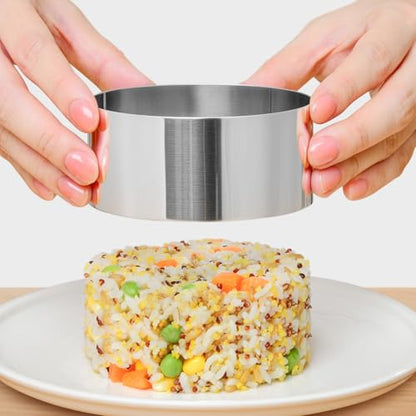 HULISEN Round Cake Ring Mold, Stainless Steel 4" Cooking Crumpet Rings with 1 Pusher & 4 Food Form, Tuna Tartare Mold for Pancake, Salad, Mousse - size: 4 Round/ Set-4 Inch with Pusher