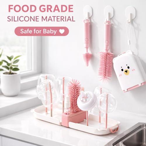 Travel Bottle Cleaner kit, 7in1 Baby Travel Gear Essential Silicone Travel Bottle Brush Set Nipple Drying Rack, Straw Breast Pump Cleaning Soap Dispenser Organizer Case Mon Gift (Pink) - color: Pink