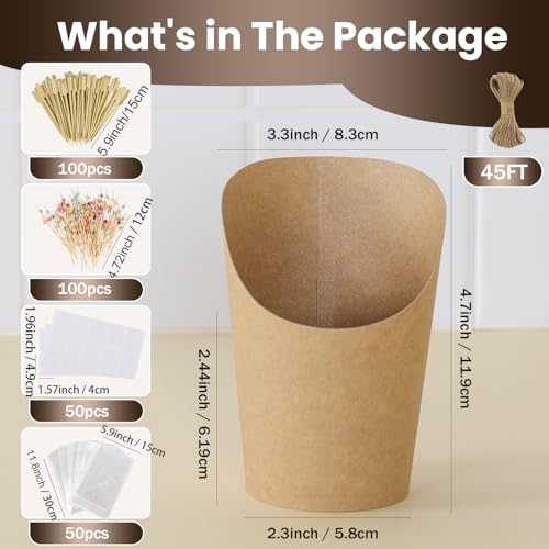 50 Pack 14oz Charcuterie Cups with Sticks and Bags, Brown Paper Charcuterie Cup, 200 Picks+50 Bags+50 Labels, Disposable Snack Cups for Parties, Weddings, Picnics, Appetizers & French Fries - color: Brown(14oz), size: 50 Cups + 200 Sticks + 50 Bags + 50 L