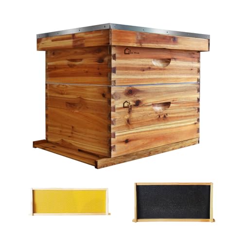 10-Frame Complete Beehive Kit with 1 Deep & 1 Medium Box, Beeswax-Coated Cedar Beehive with Frames, Foundation Sheets and Handles, Dovetail Design, Easy to Assemble for All Beekeeping Needs - size: 2 Layer