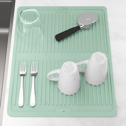 GORILLA GRIP 100% BPA-Free Patented Silicone Dish Drying Mat for Kitchen Counter, 18x16 Inch, Water Catching Ribbed Design, Easy Clean Waterproof Sink Liner, Heat Resistant, Fits Under Rack, Mint - color: Mint, size: 18" x 16", style: Silicone